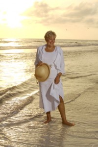 Barbara on her beach at sunset by Marsha Vandermay